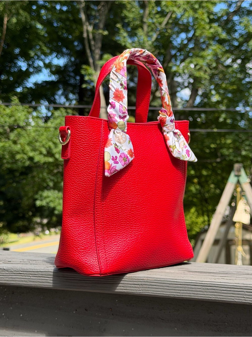 Estee Lauder Bright Red Pebbled Tote with Floral-Print Handle Wraps